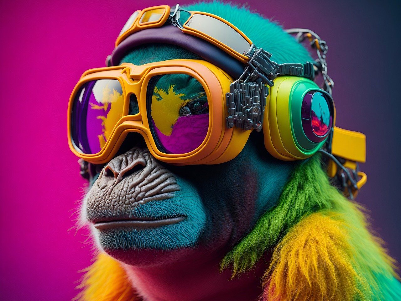 Colorful cyberpunk chimpanzee wearing futuristic goggles and headphones against a vibrant purple background