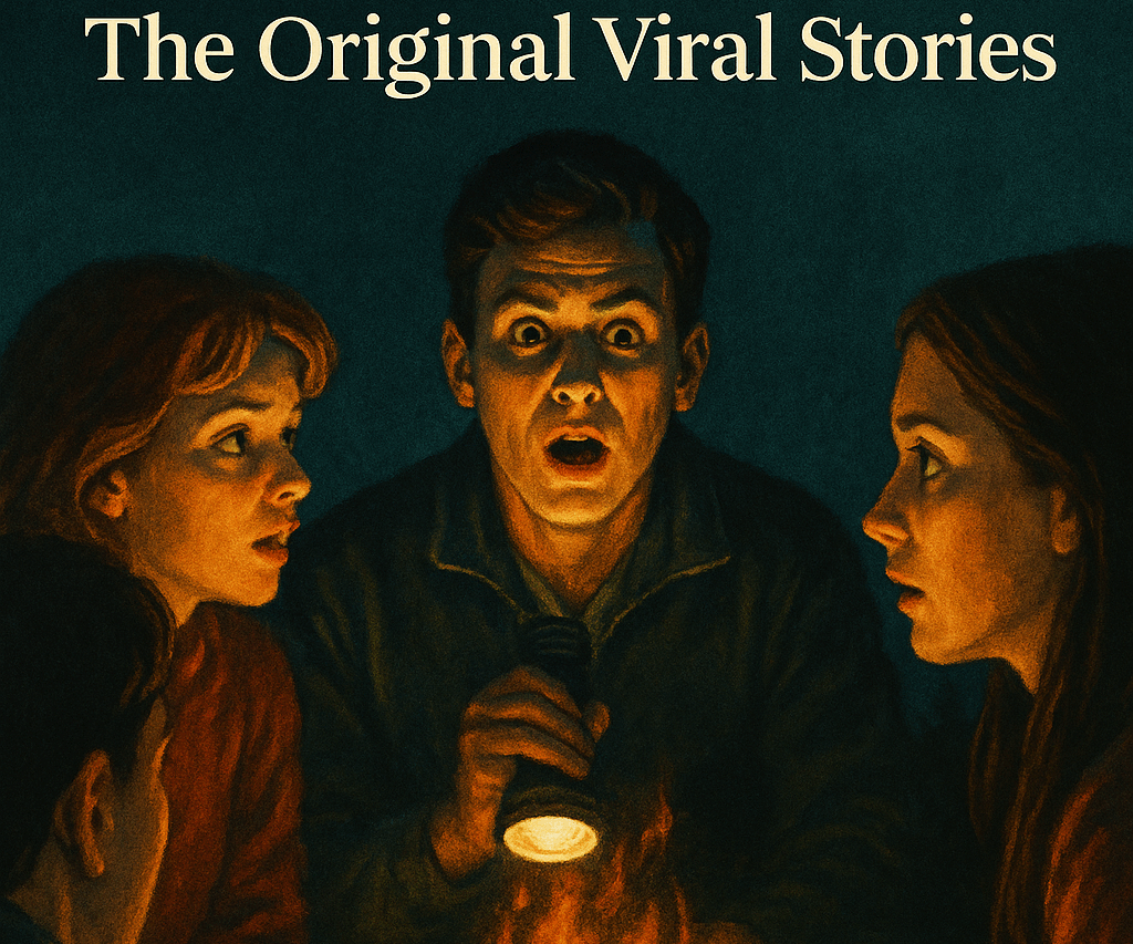 People sitting around a campfire at night, sharing spooky urban legends the old-fashioned way