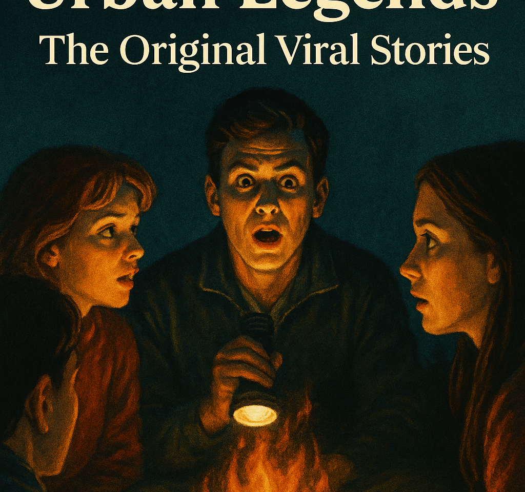 People sitting around a campfire at night, sharing spooky urban legends the old-fashioned way