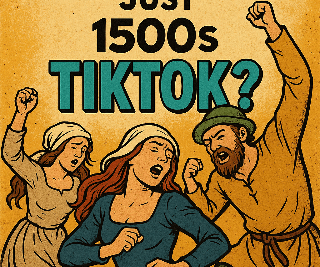 A retro comic-style illustration showing three people in 1500s attire dancing wildly in the street, paired with bold text asking, “Was the Dancing Plague Just 1500s TikTok?”